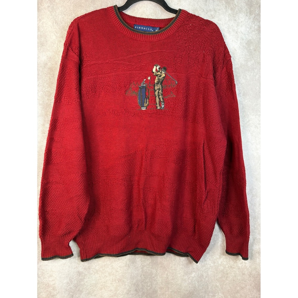 VTG Pinnacle Crewneck Knit Sweater Maroon Mens Medium Embroidered‎ Golfer